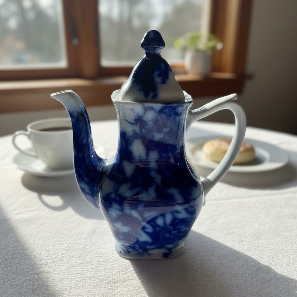 Flow Blue Ironstone Teapot Johnson Bros England Blue White Coffee Pot Vintage